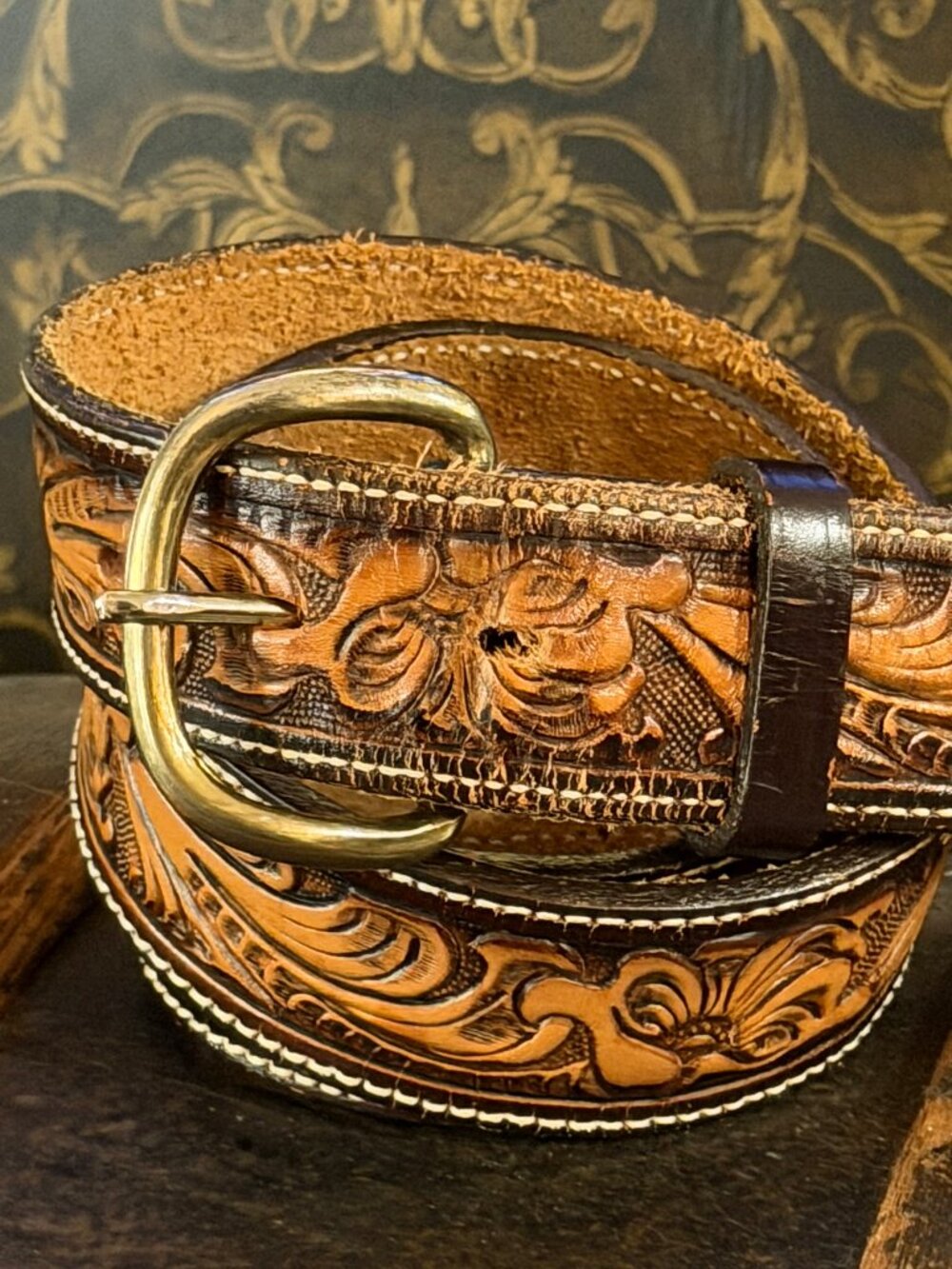 Tony Lama Mens Size 38 Leather Belt Brown Floral Tooled Western Made in USA